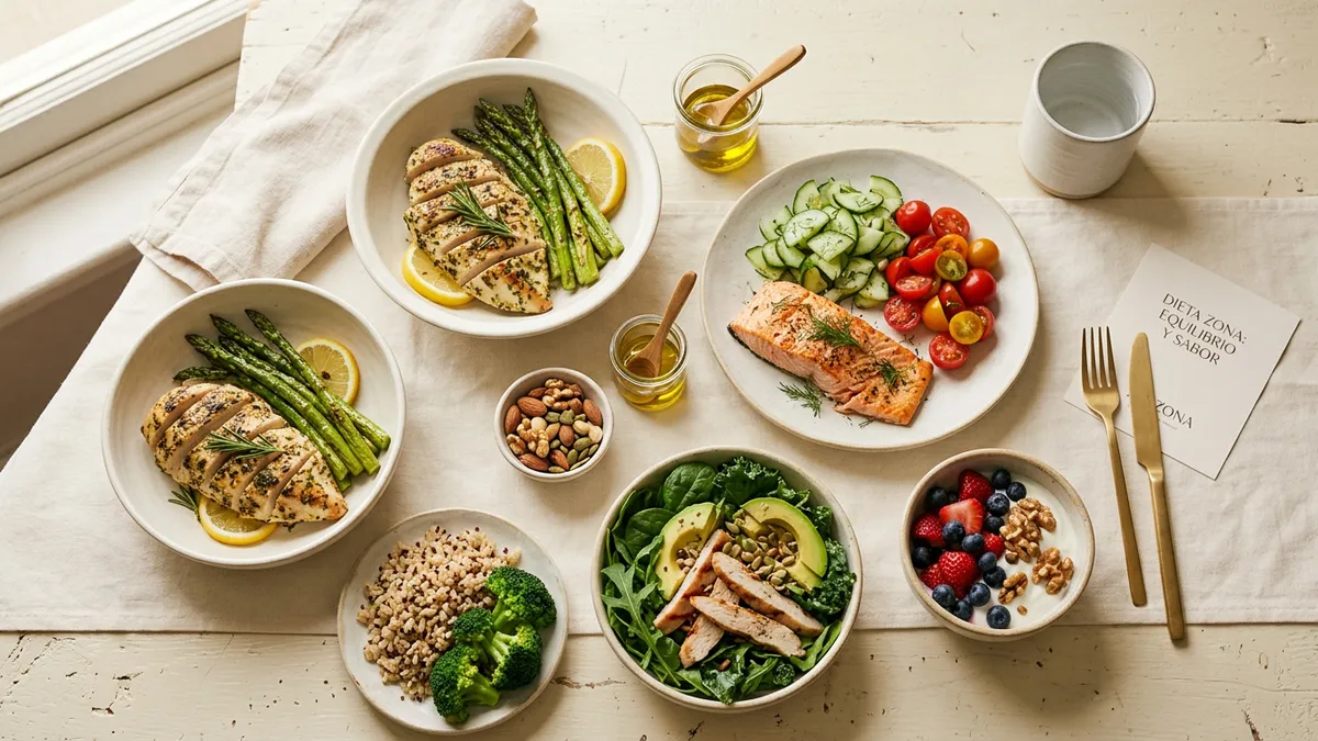 Alimentos variados en la dieta zona sobre mesa