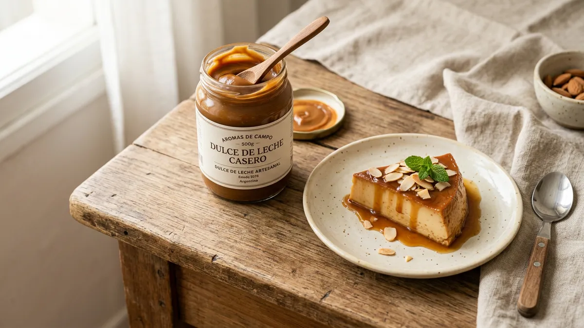 Tarro de dulce de leche sobre una mesa de madera