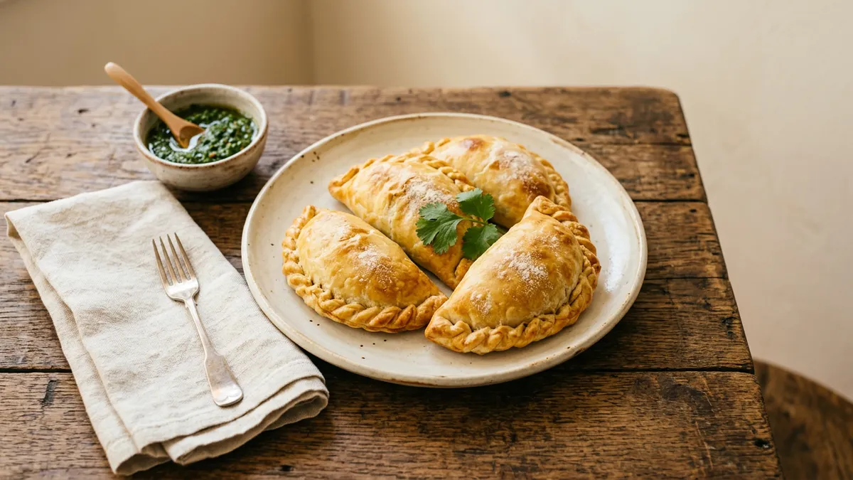 Empanadas doradas sobre una mesa de madera