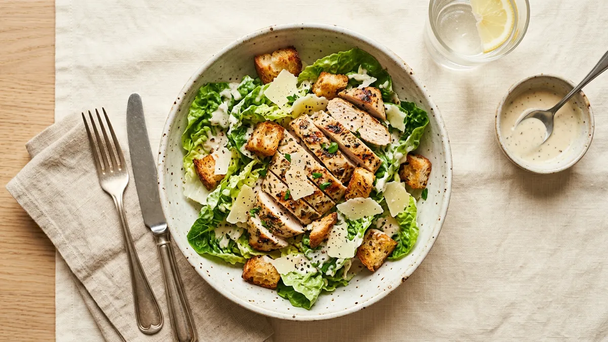 Ensalada César con lechuga, pollo y aderezo