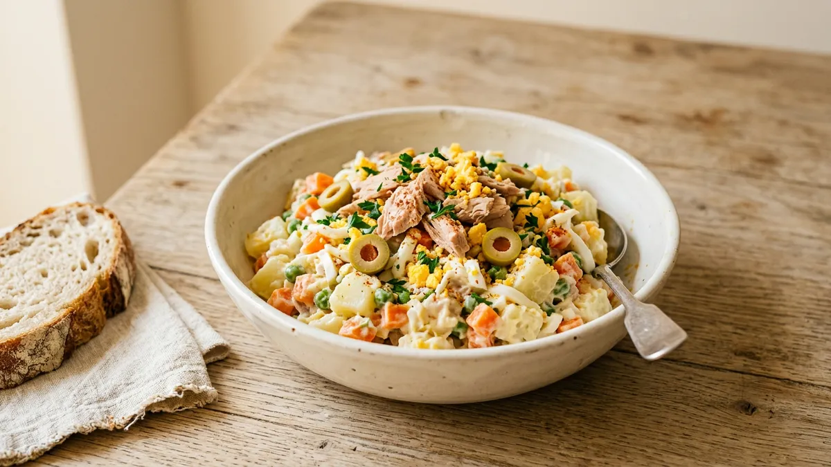 Ensaladilla rusa servida en un bol blanco