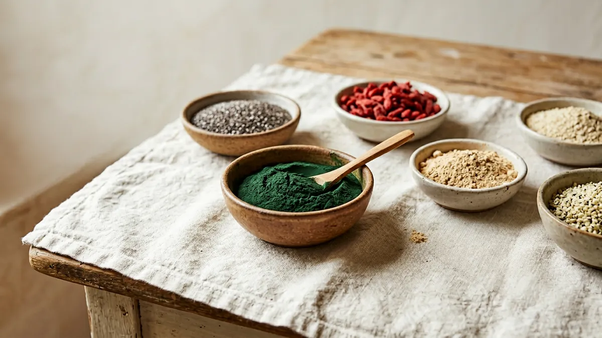 Polvo de espirulina en un cuenco sobre una mesa