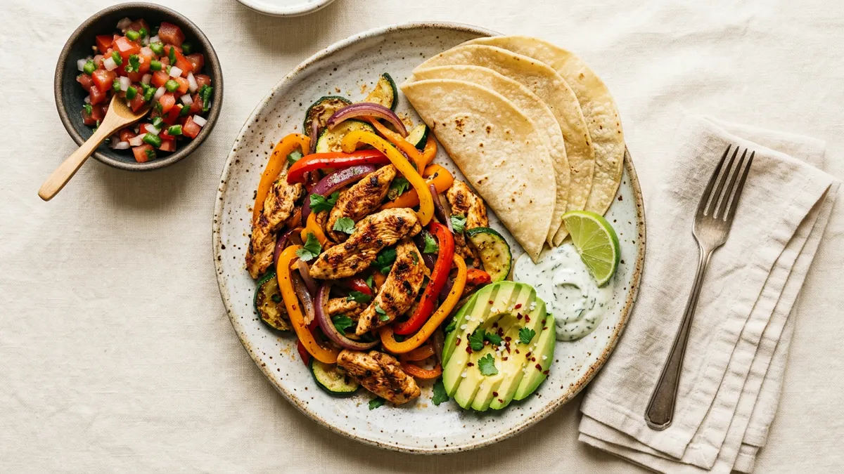 Fajitas de pollo con verduras y aguacate servidas en plato