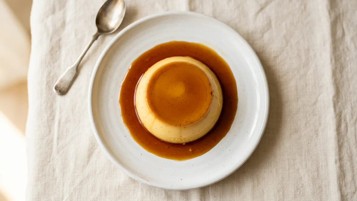 Flan de huevo en un plato blanco