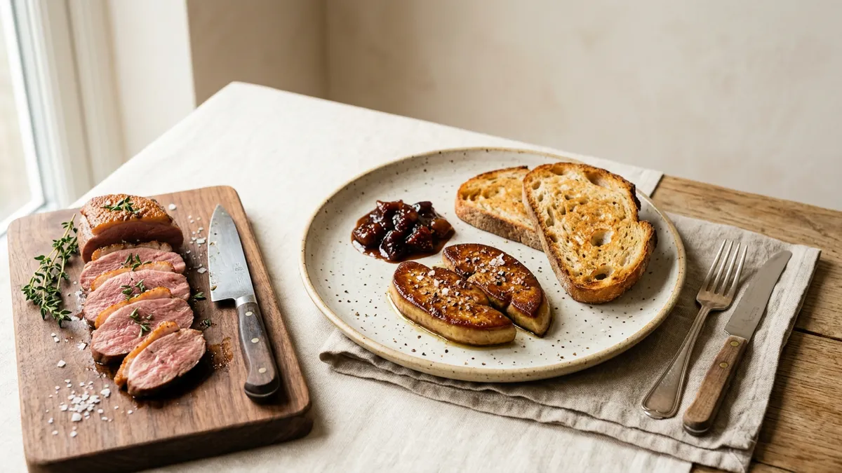 Foie en un plato decorado con mermelada y pan tostado