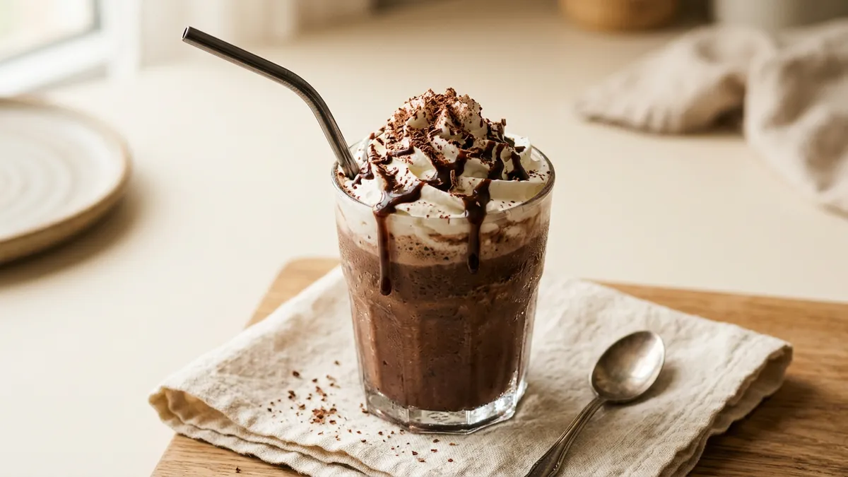 Vaso de frappuccino con crema y chocolate