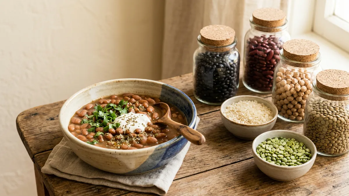 Plato de frijoles cocidos sobre mesa de madera