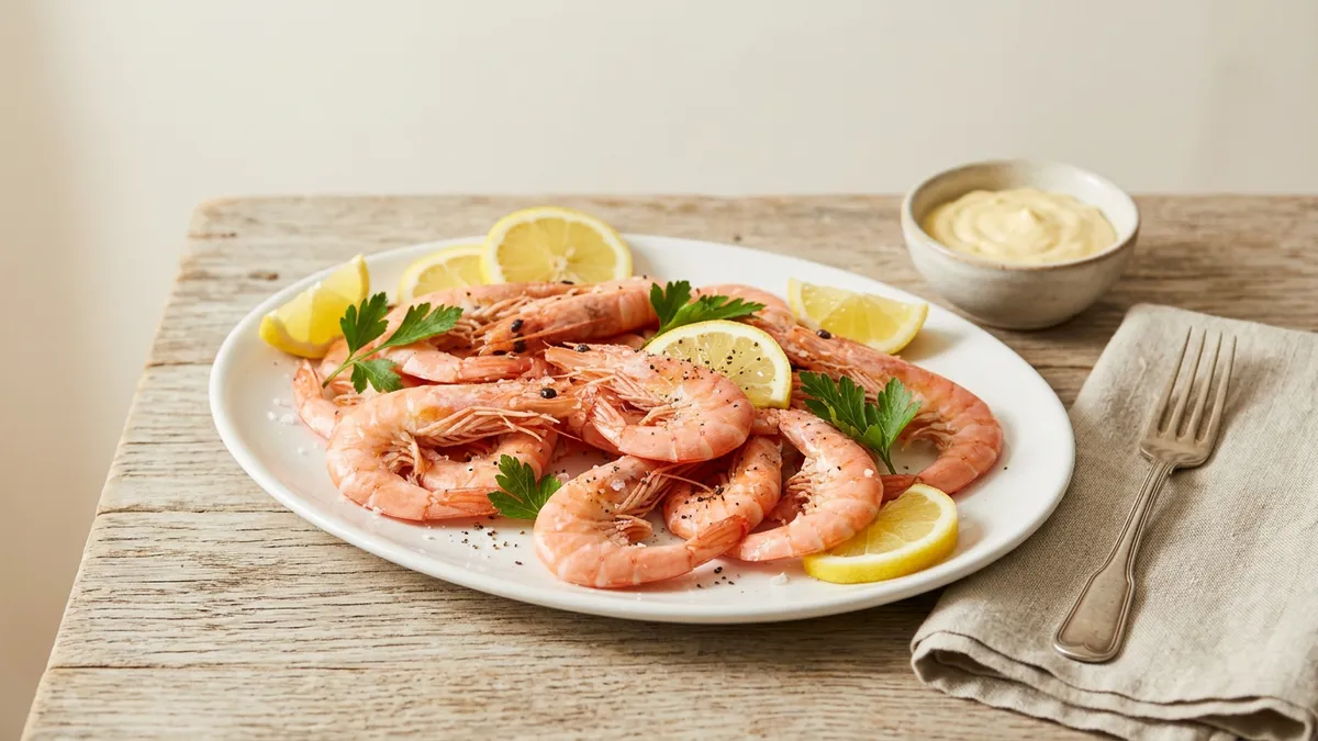 Gambas cocidas con rodajas de limón sobre fuente blanca