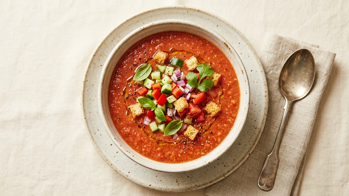Cuenco de gazpacho andaluz con verduras frescas alrededor