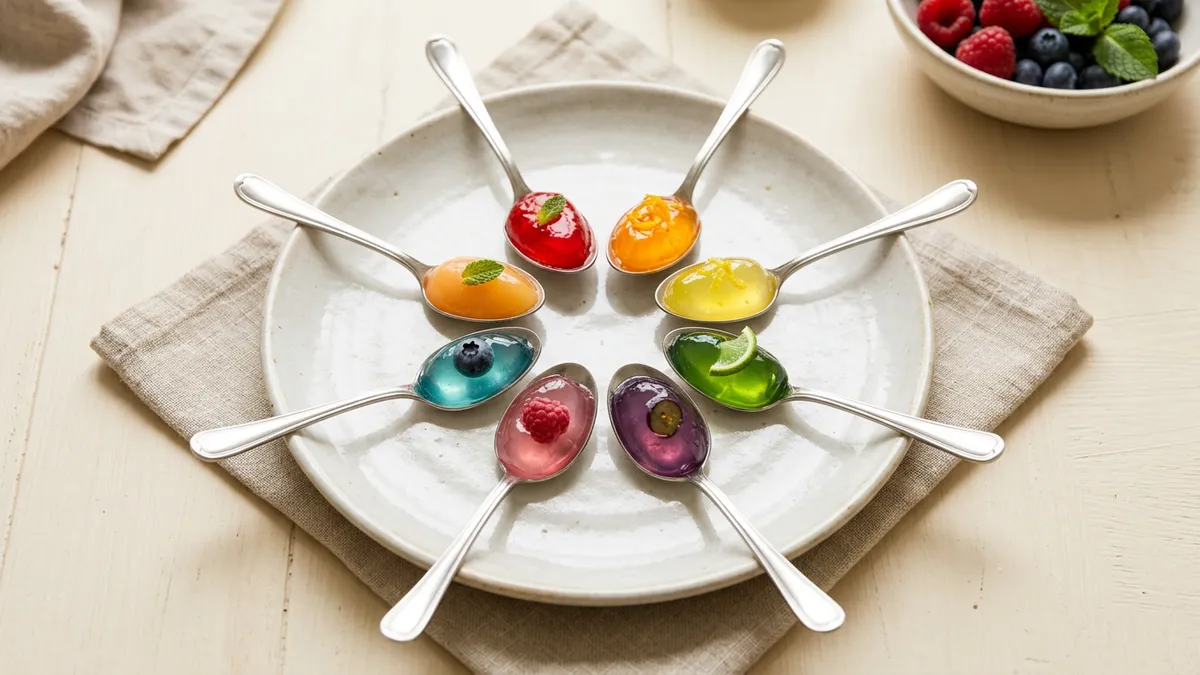 Cucharas con gelatinas de diferentes colores sobre mesa blanca