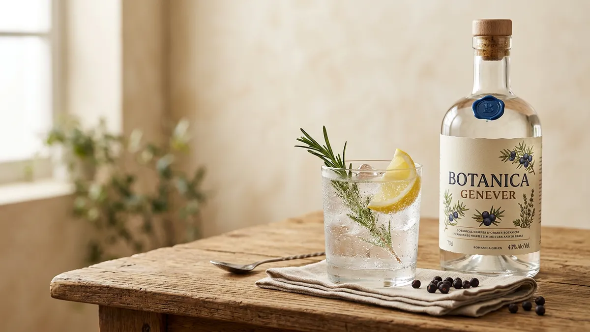 Botella de ginebra sobre una mesa con un vaso