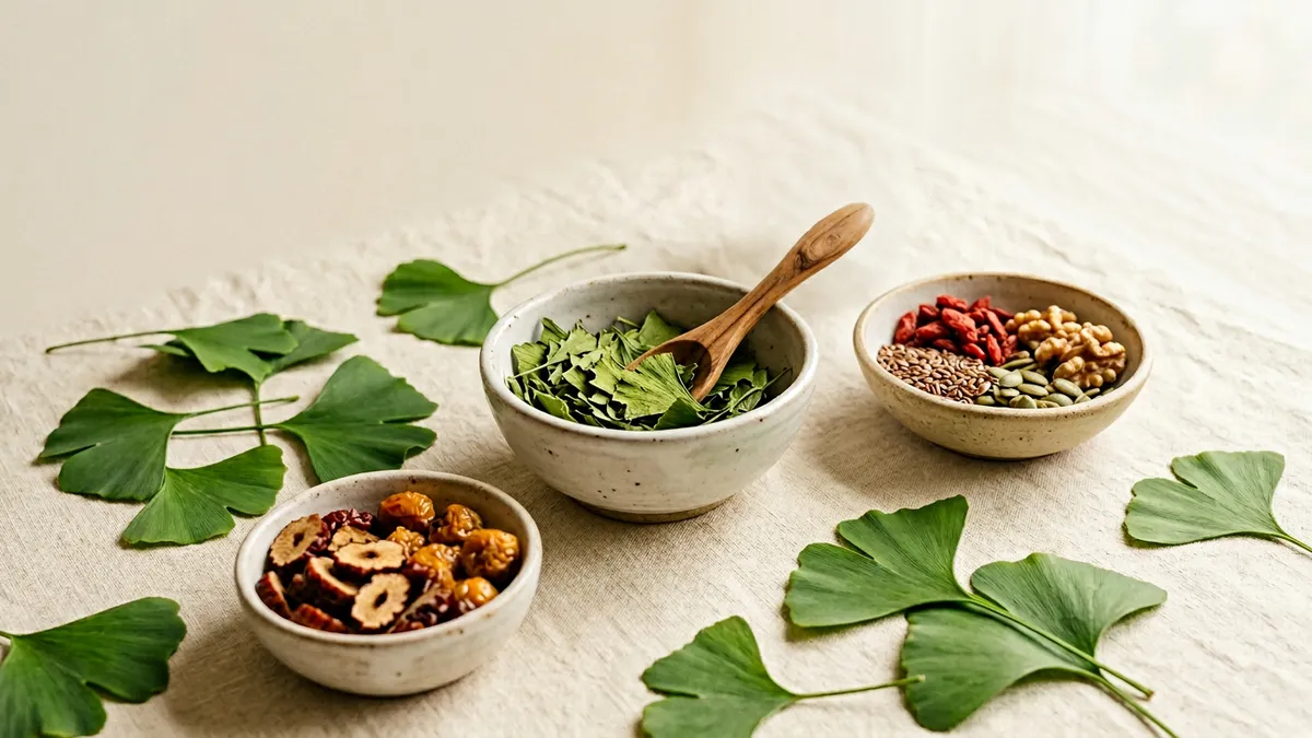 Hojas de ginkgo biloba sobre fondo blanco