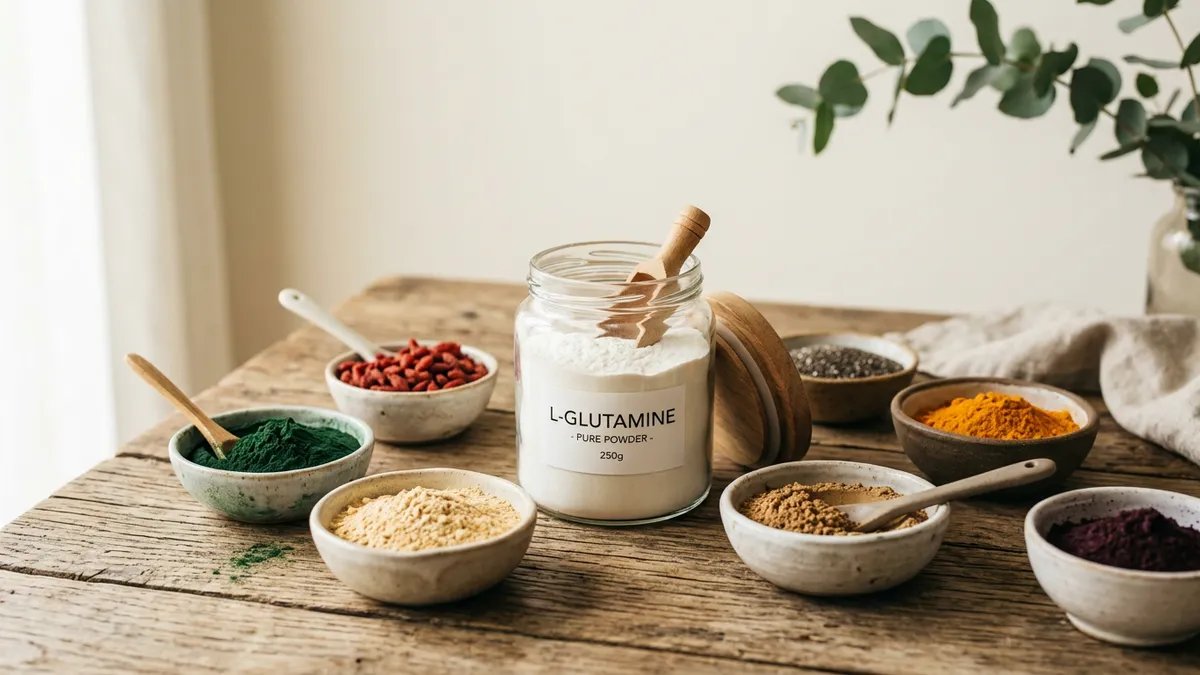 Polvo de glutamina en un recipiente sobre mesa de madera