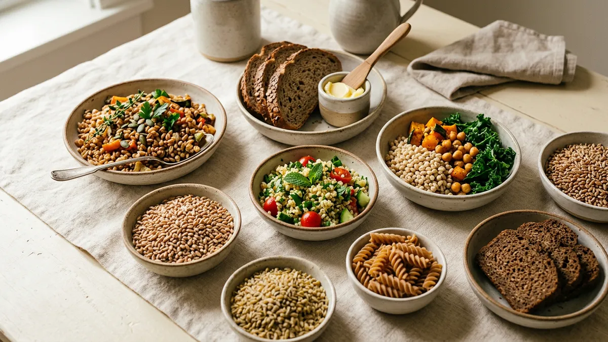 Diversos alimentos que contienen gluten sobre una mesa