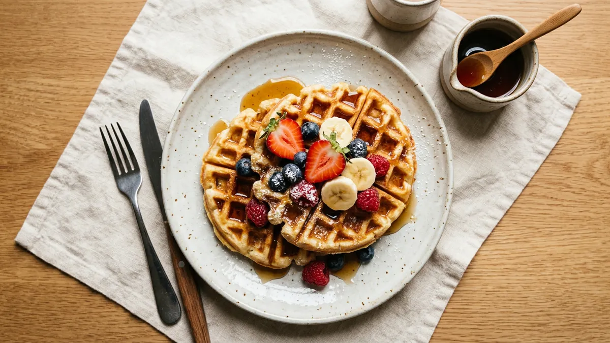 Gofres recién hechos en un plato con sirope y fruta