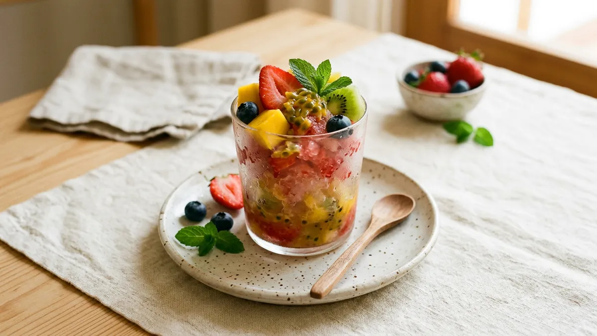 Granizado de frutas en vaso transparente sobre mesa