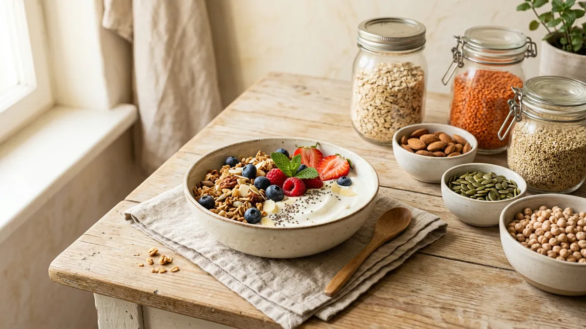 Tazón de granola con yogur y frutas