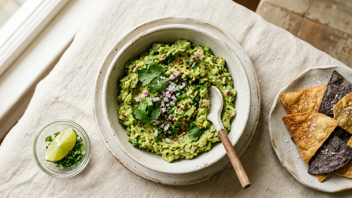 Tazón de guacamole fresco con aguacate y especias