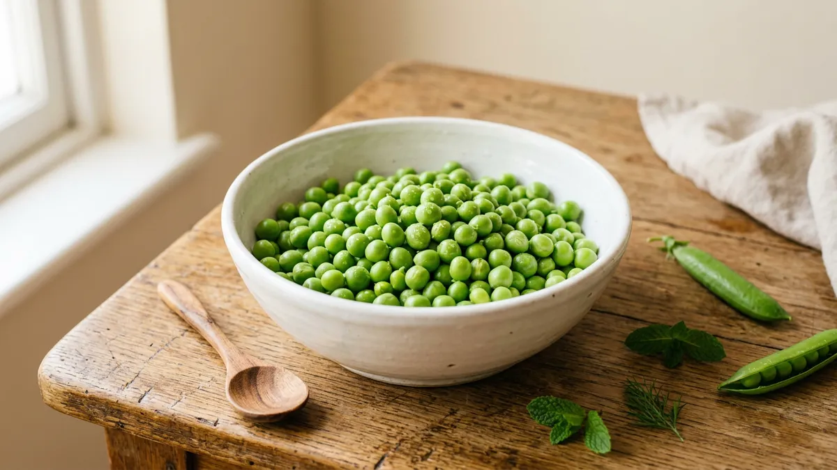 Guisantes verdes frescos en cuenco blanco sobre mesa de madera