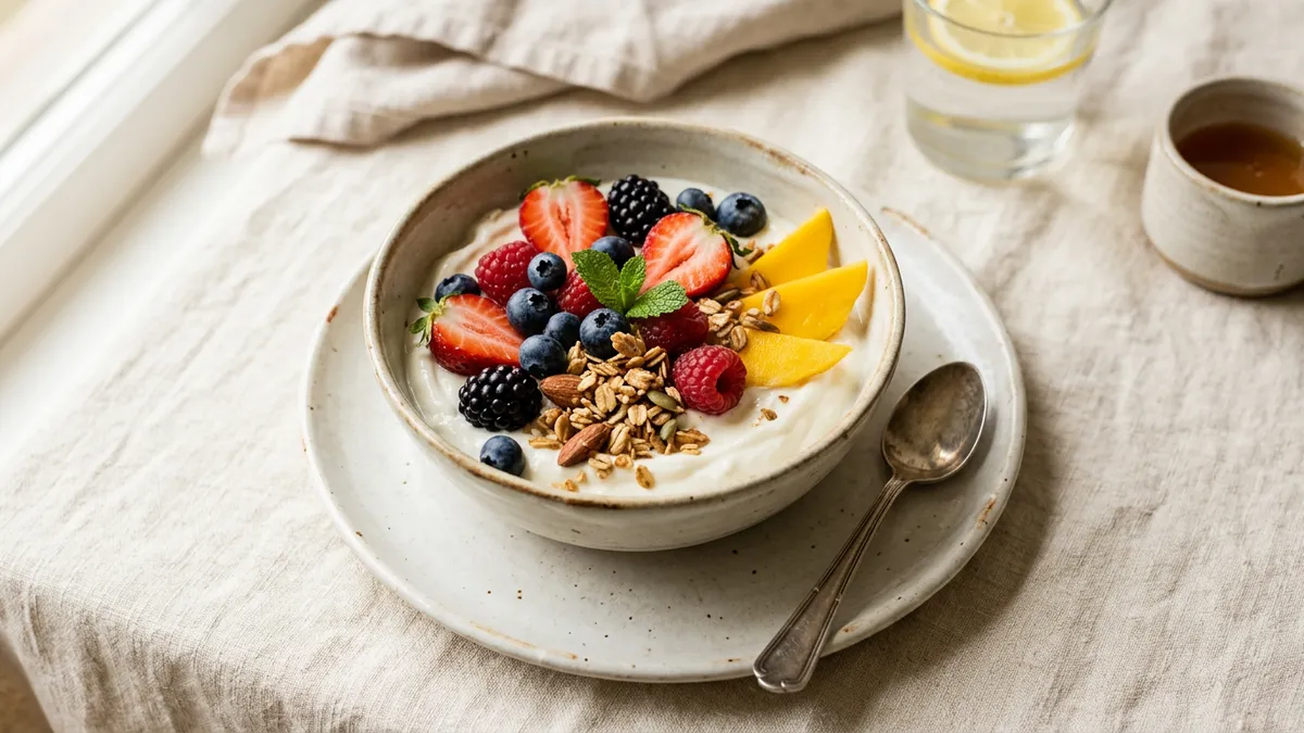 Tazón de helado de yogur con frutas frescas