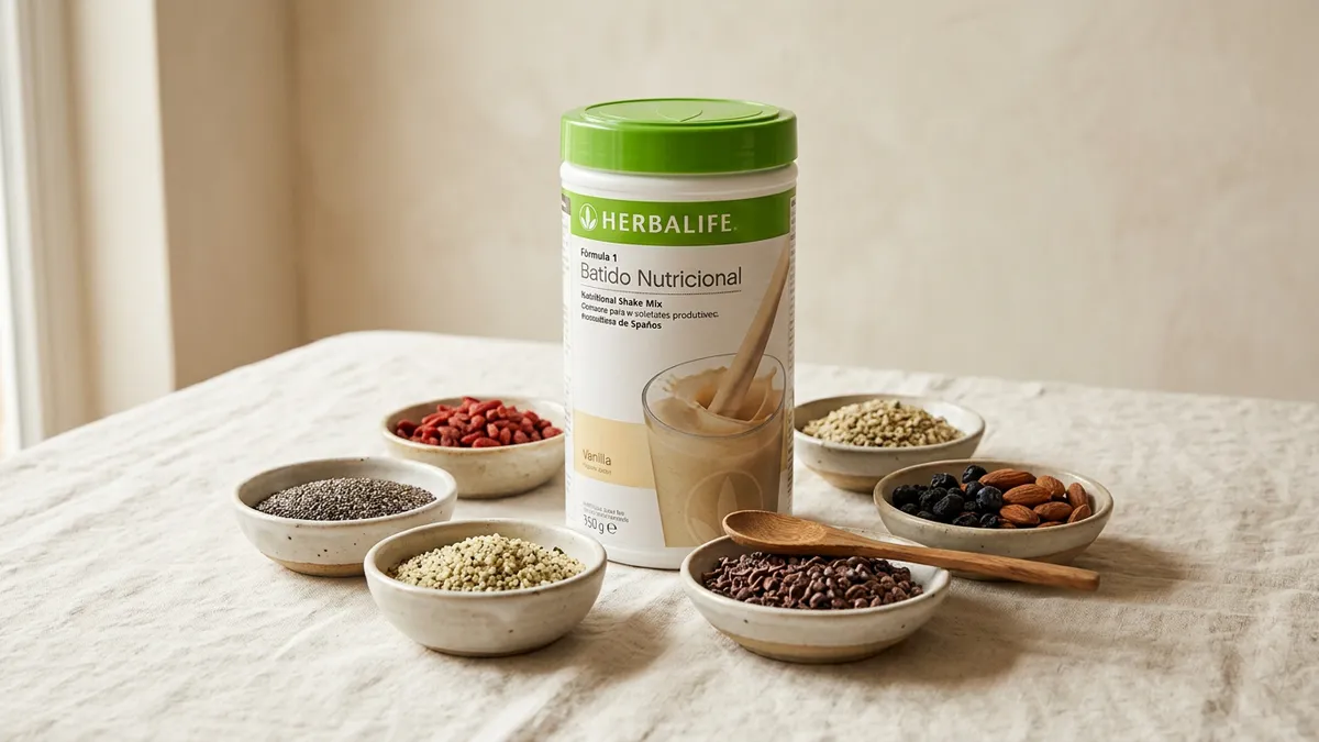 Envase de batido Herbalife sobre fondo neutro
