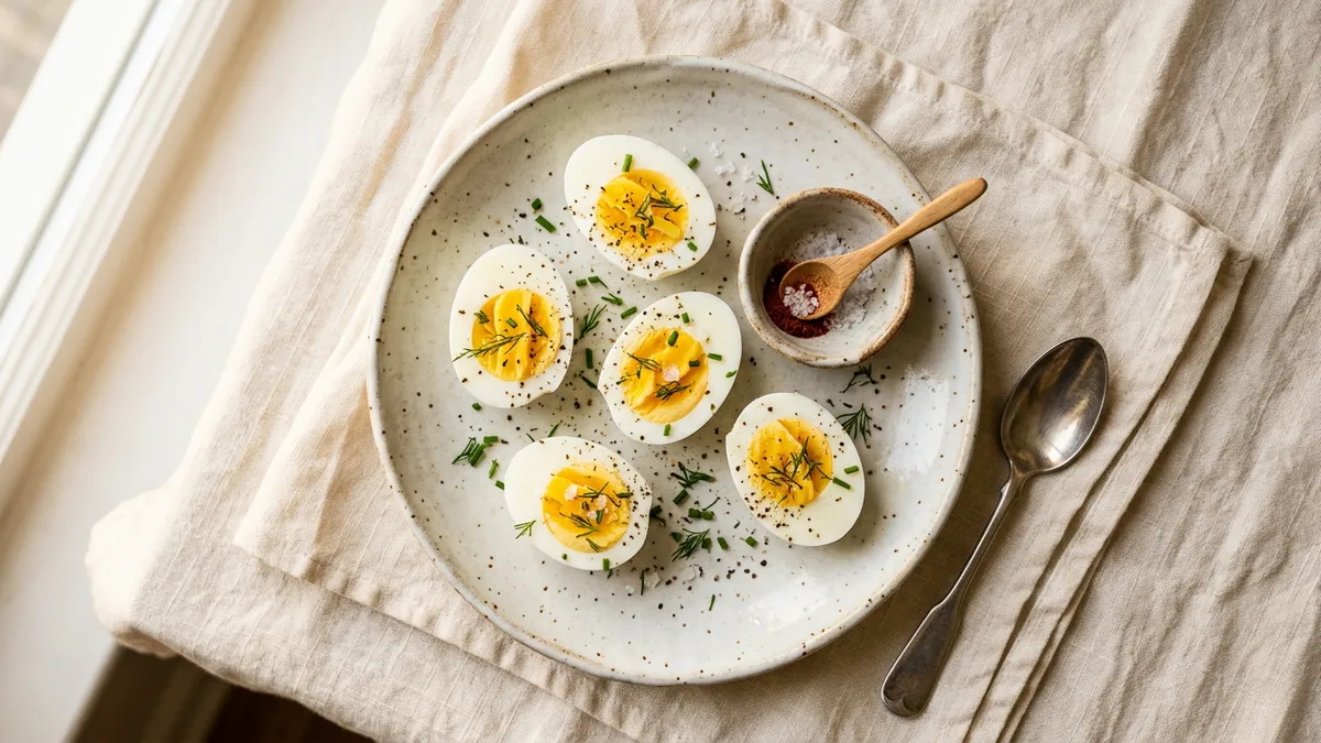 Huevos cocidos en un plato blanco