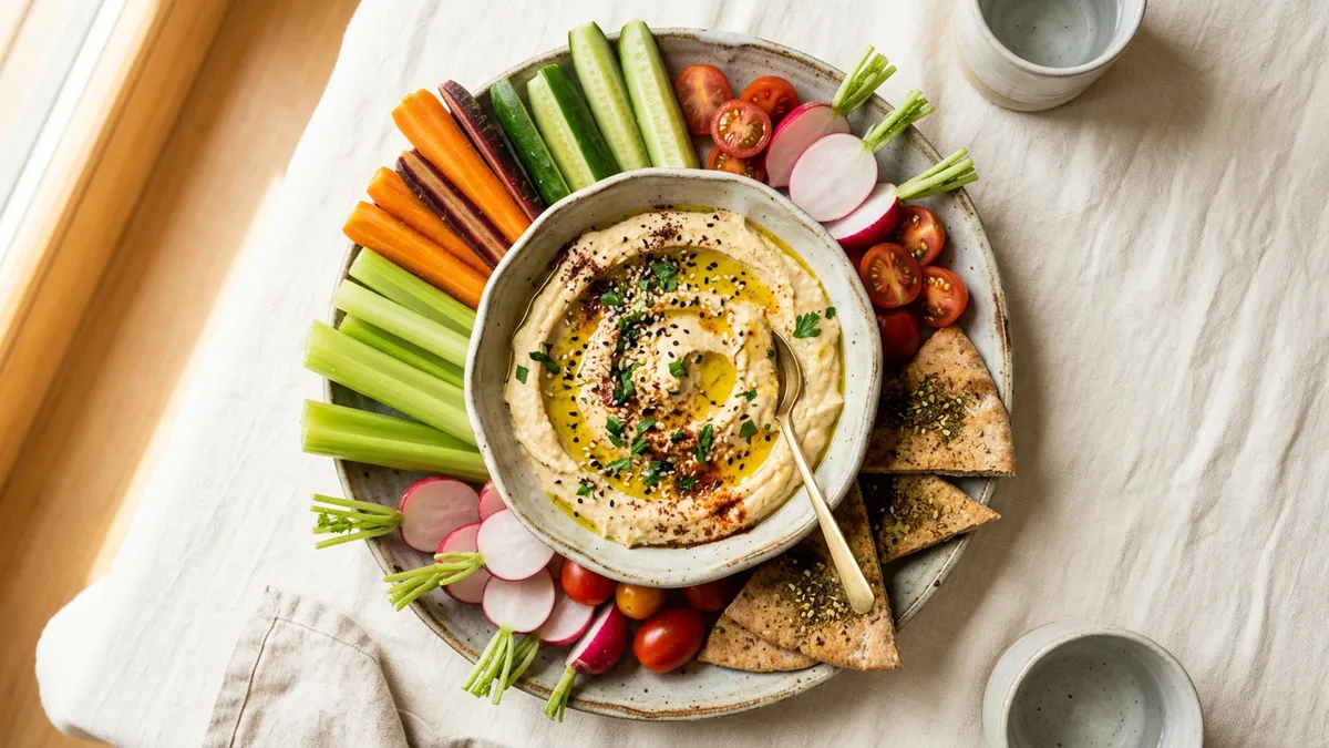 Bol de hummus con aceite y sésamo, acompañado de crudités