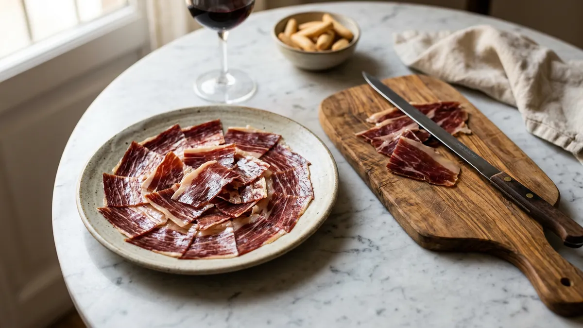 Plato de jamón ibérico cortado a cuchillo sobre mesa de mármol