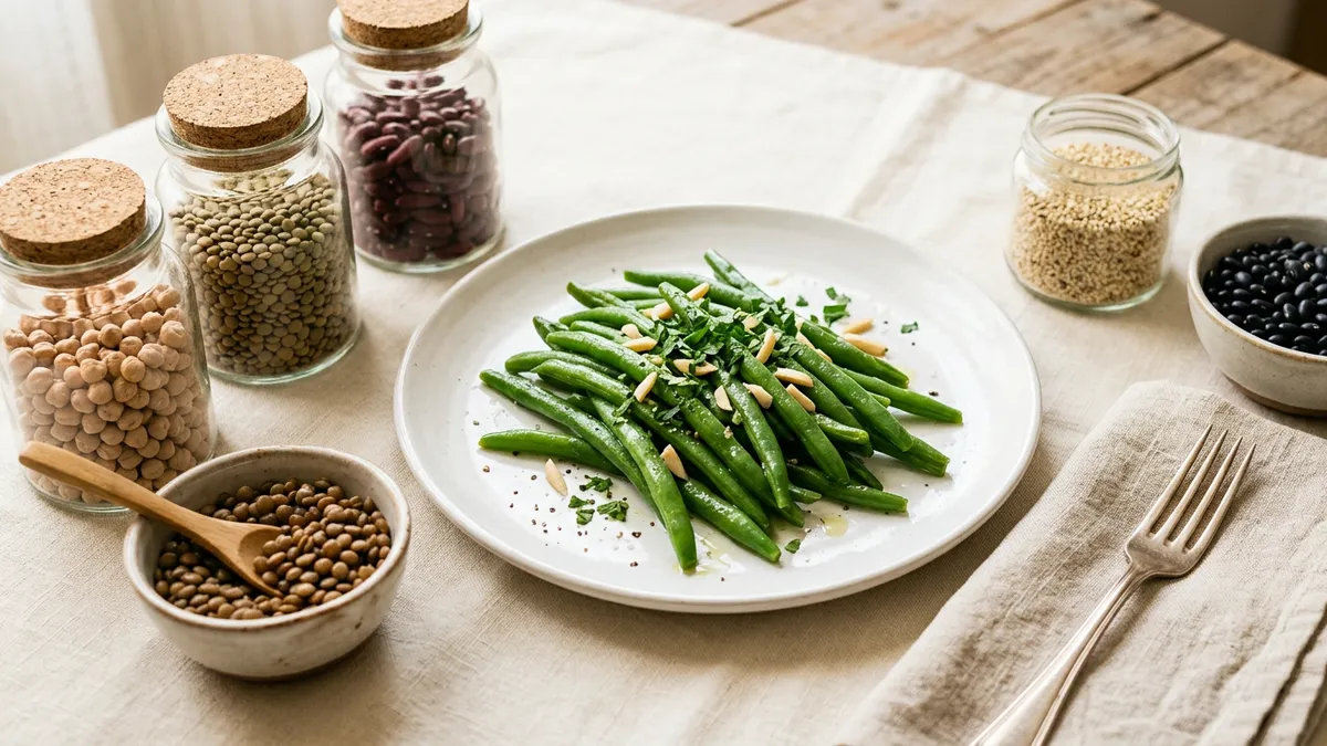 Judías verdes cocidas en un plato blanco