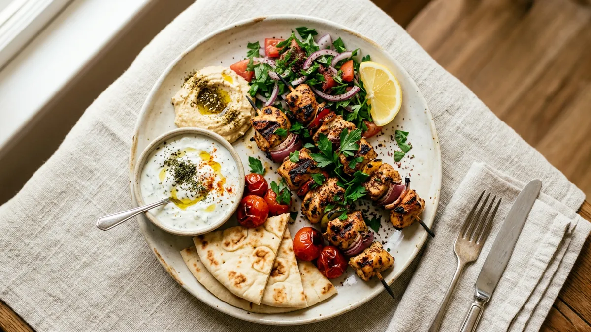 Kebab servido en un plato con salsa y vegetales