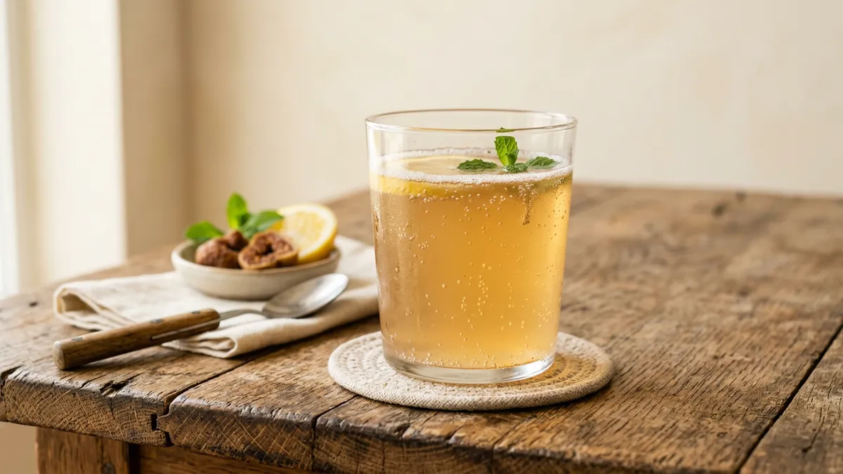 Vaso de kefir de agua sobre una mesa de madera