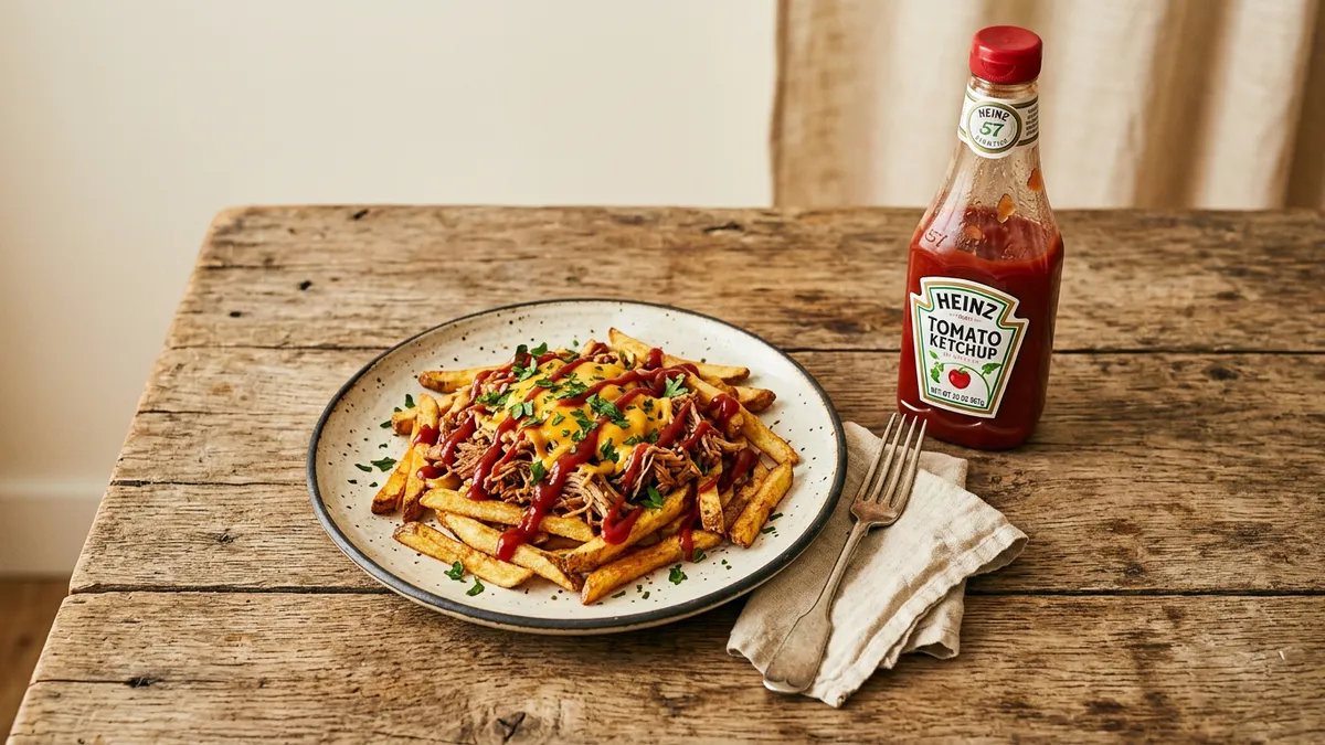 Botella de ketchup sobre una mesa de madera