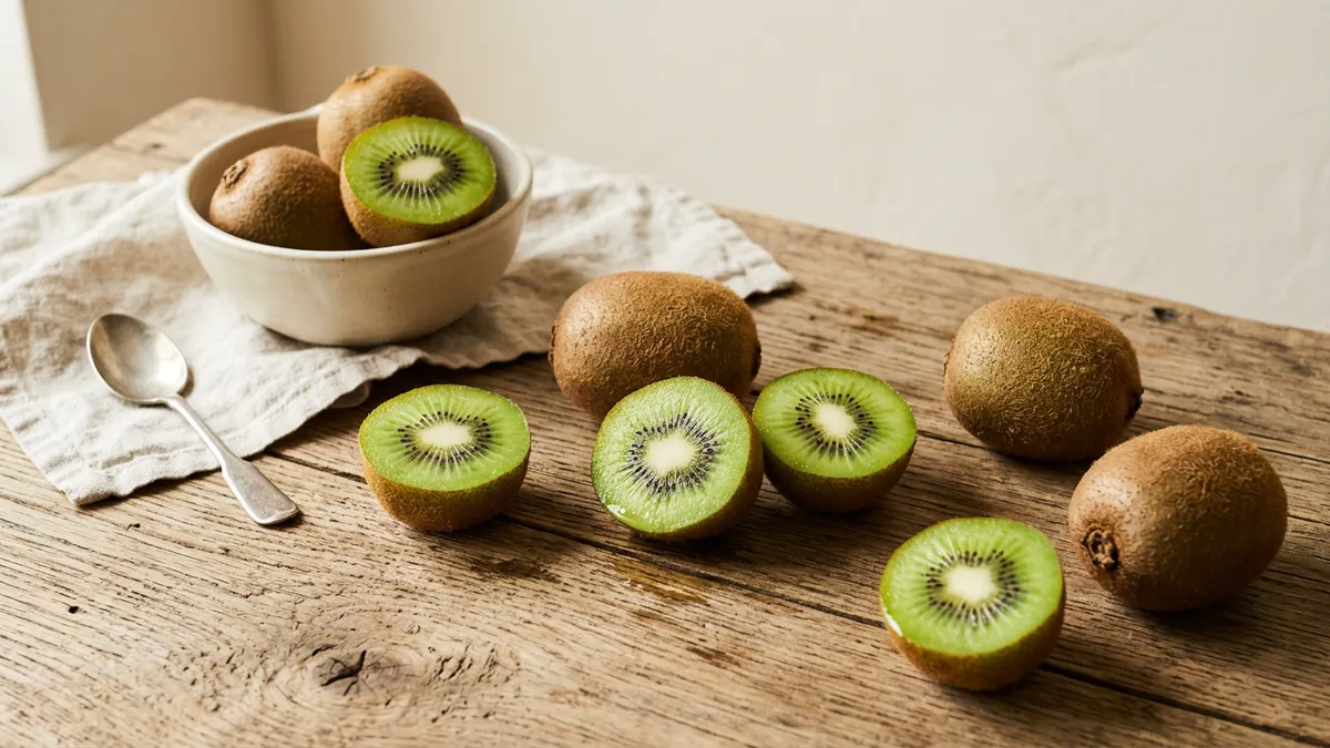 Kiwis frescos sobre una superficie de madera