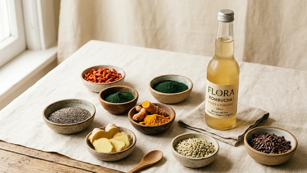 Botella de kombucha sobre fondo neutro