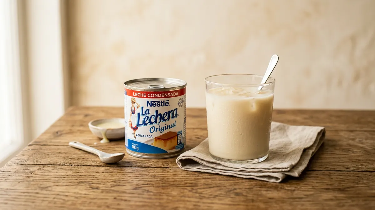 Lata de leche condensada sobre una mesa de madera