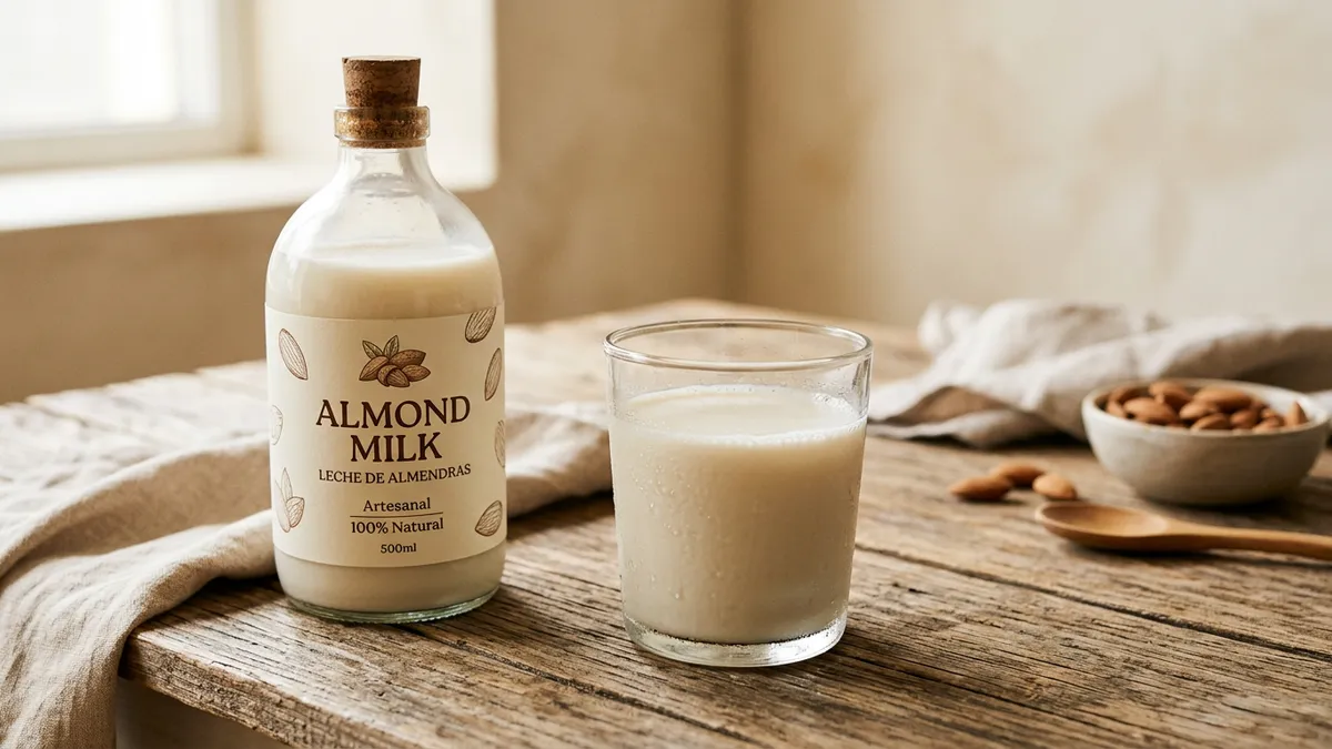 Botella de leche de almendras sobre mesa de madera