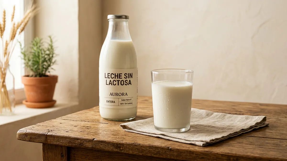 Botella de leche sin lactosa sobre mesa de madera