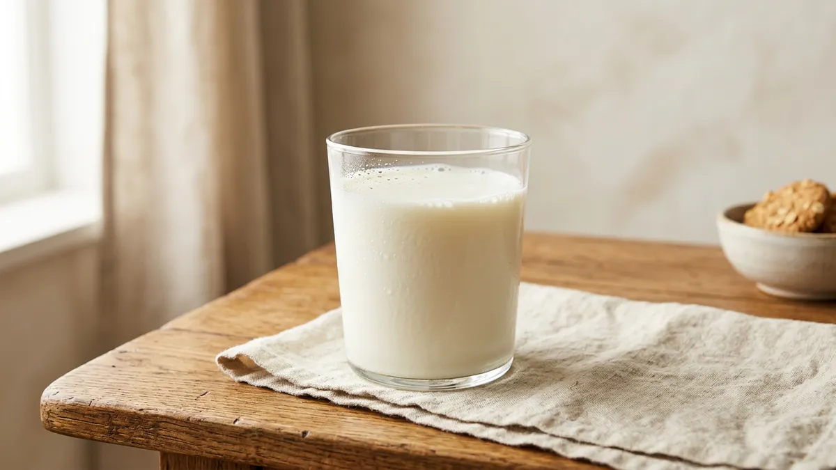 Vaso de leche sobre una mesa