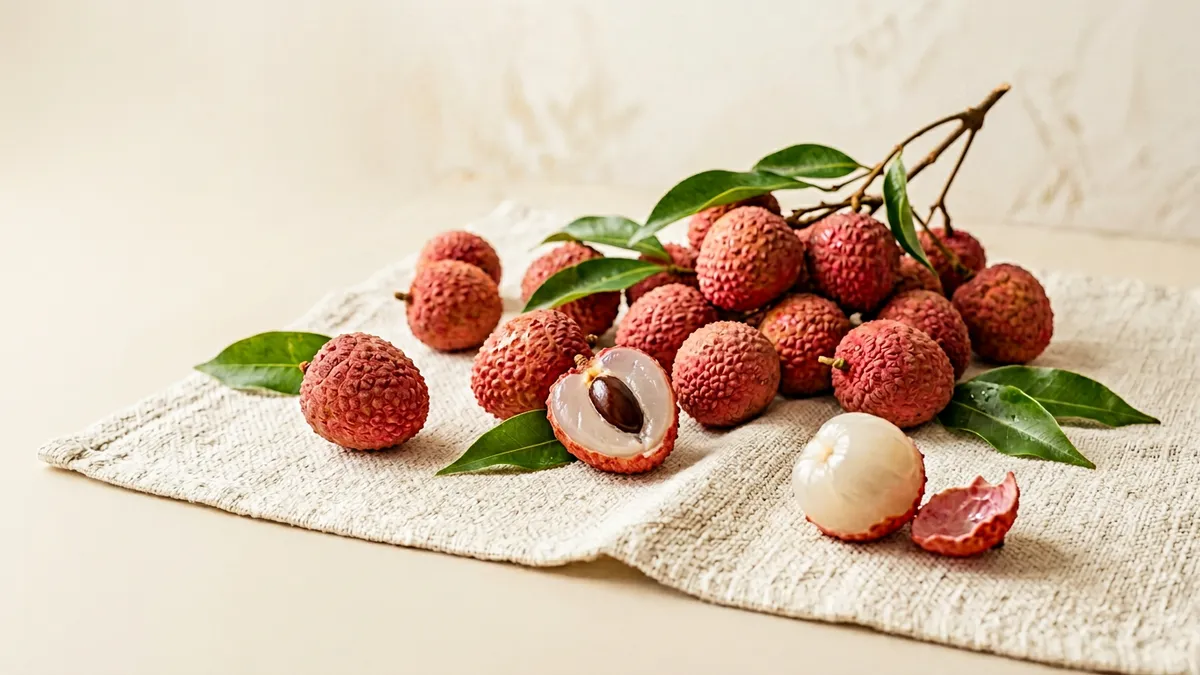 Lichi fresco sobre fondo blanco