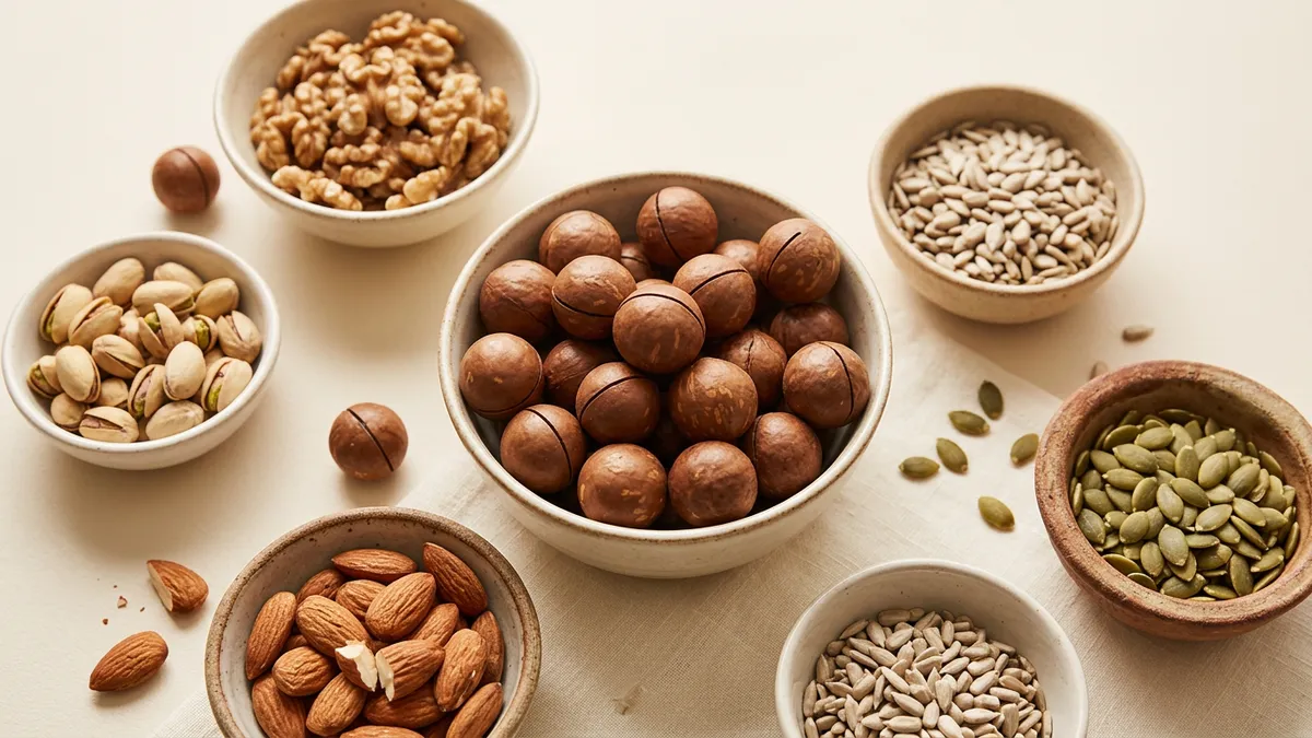 Macadamias en cáscara sobre fondo blanco