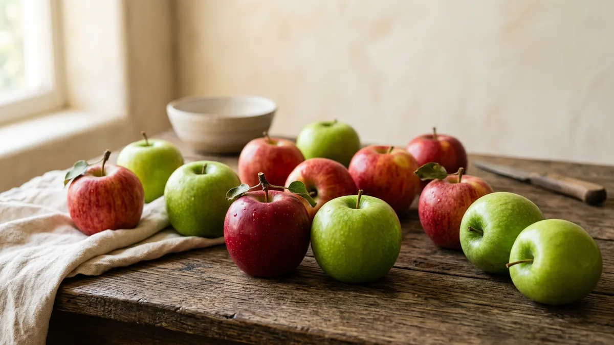 Manzanas rojas y verdes sobre una mesa de madera