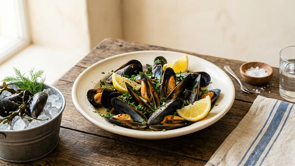 Mejillones cocidos en un plato con limón