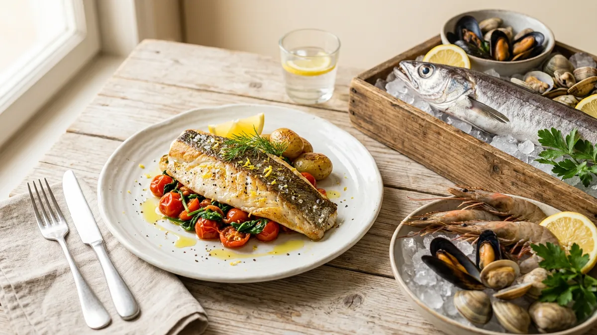 Filete de merluza cocinado en un plato blanco