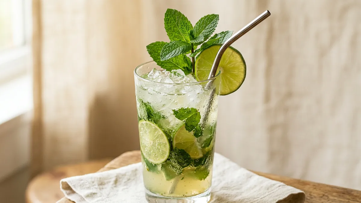 Mojito en vaso transparente con hojas de menta y rodajas de lima