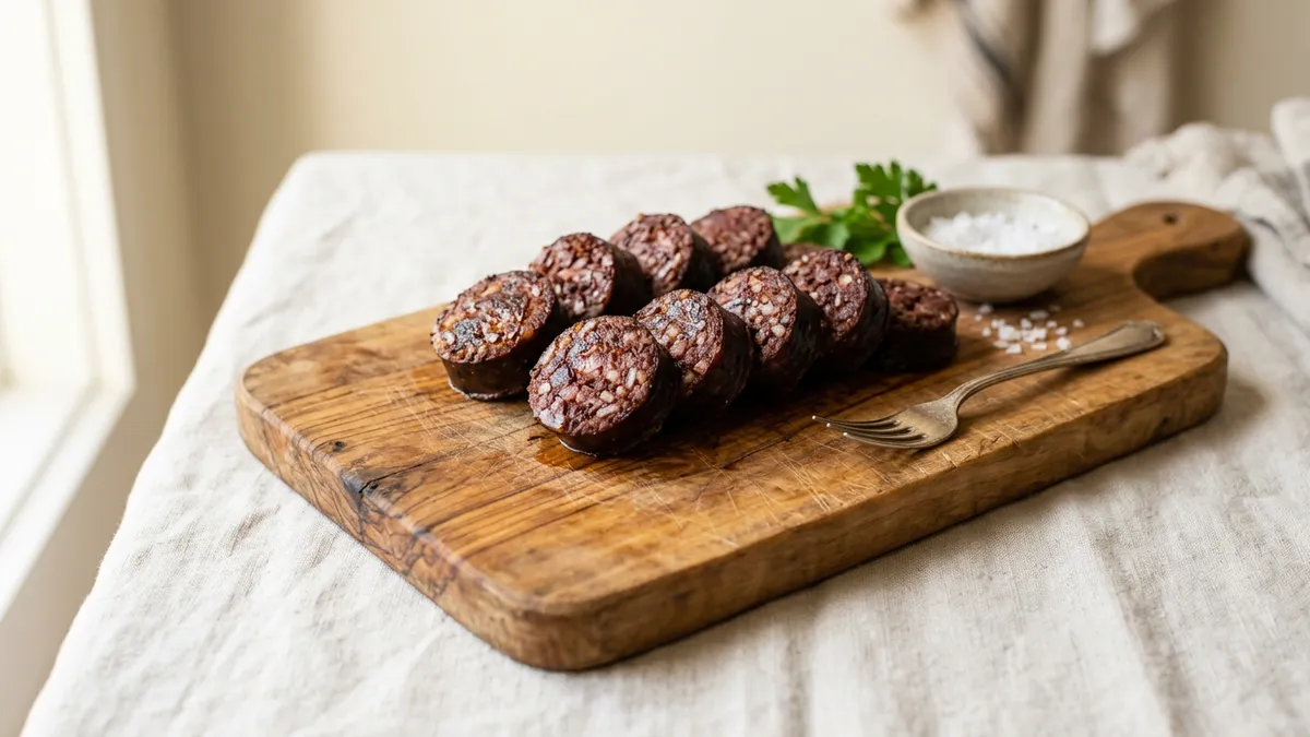 Morcilla en rodajas sobre una tabla de madera