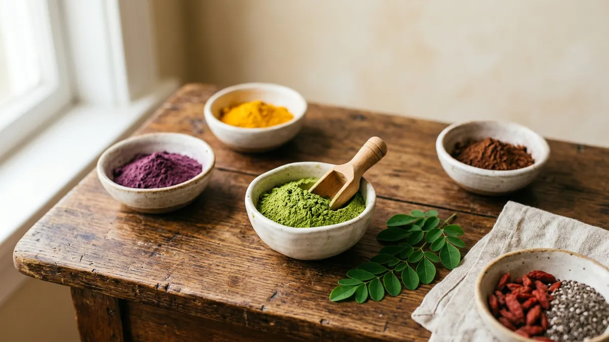 Polvo de moringa en un cuenco sobre una mesa de madera
