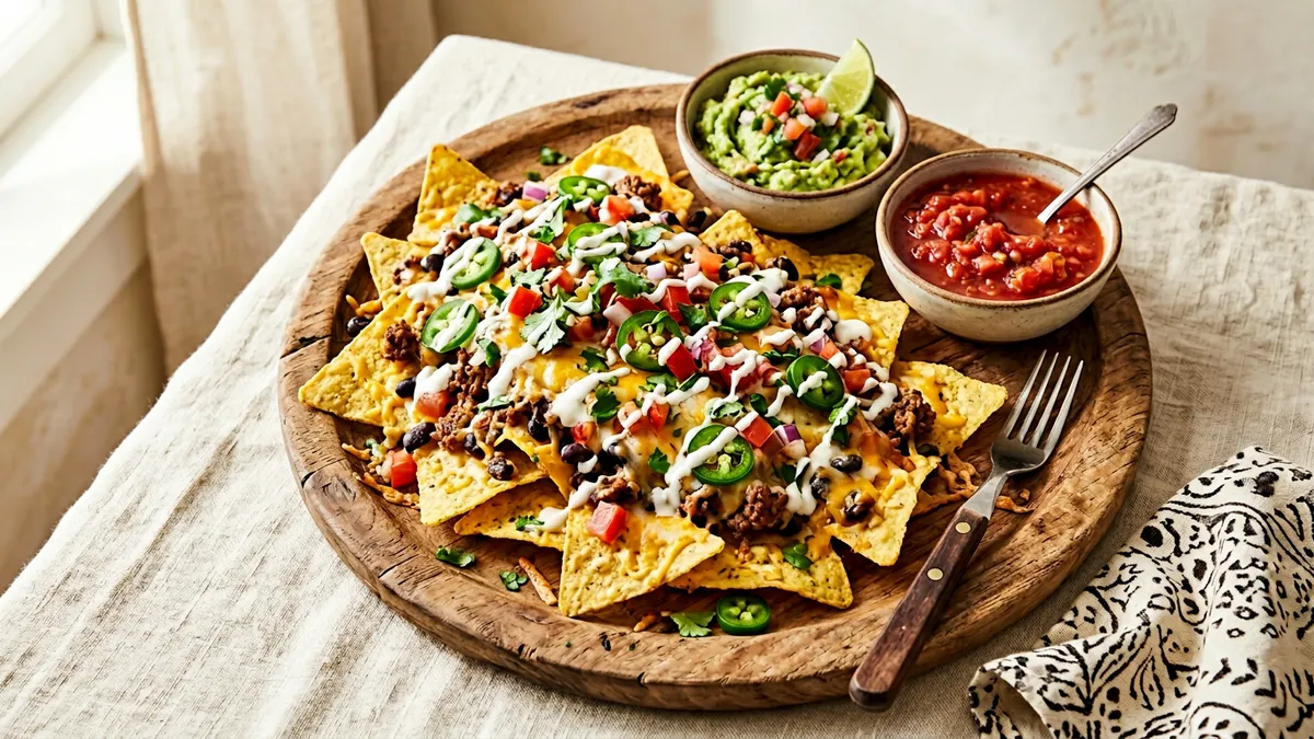 Nachos con queso fundido, guacamole y salsa sobre plato de madera