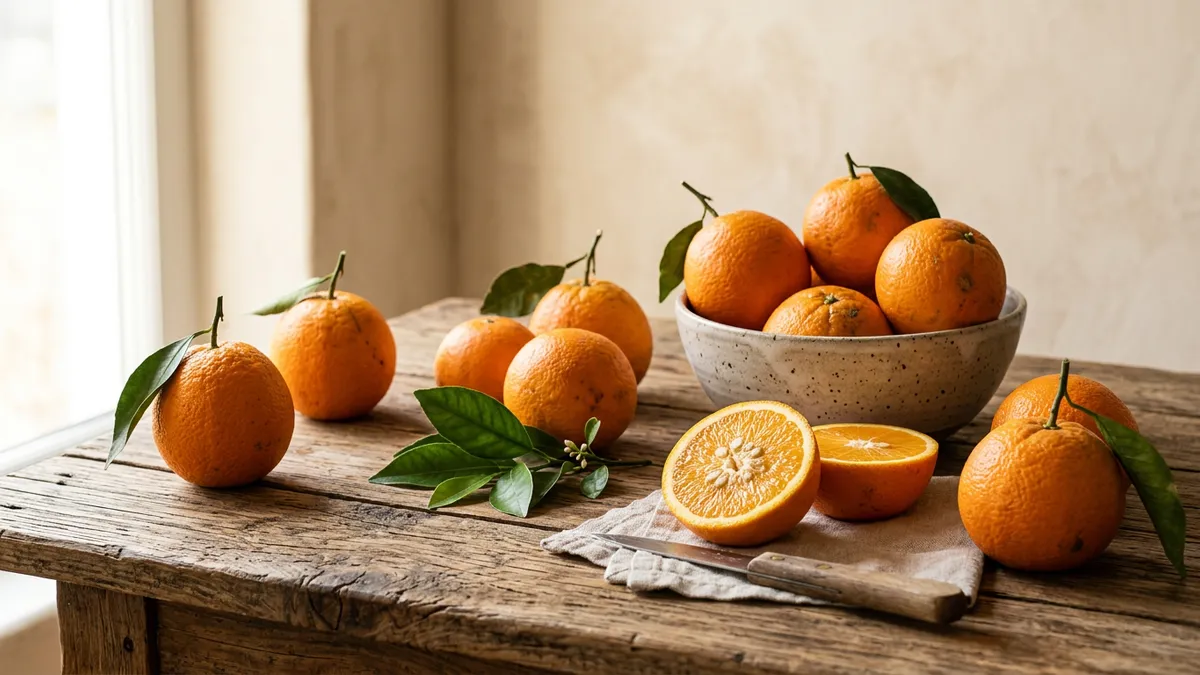 Naranjas frescas sobre una mesa de madera