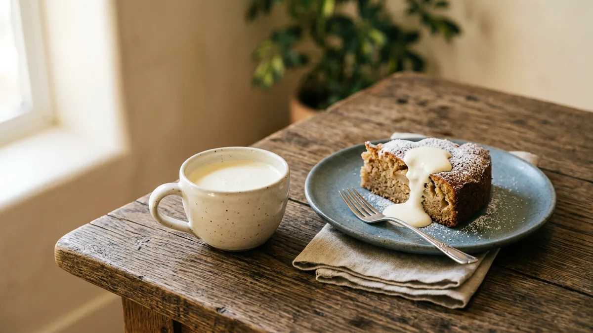 Taza de nata líquida sobre mesa de madera