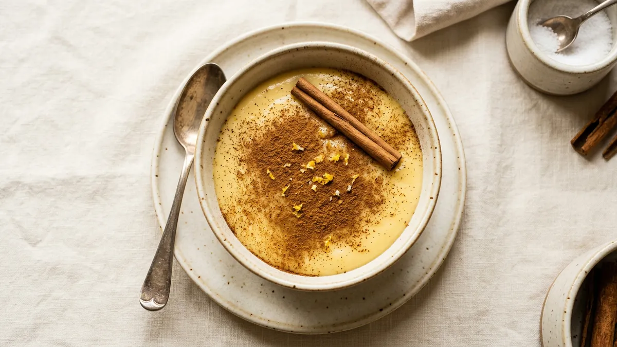 Natillas en un cuenco de cerámica con canela en polvo